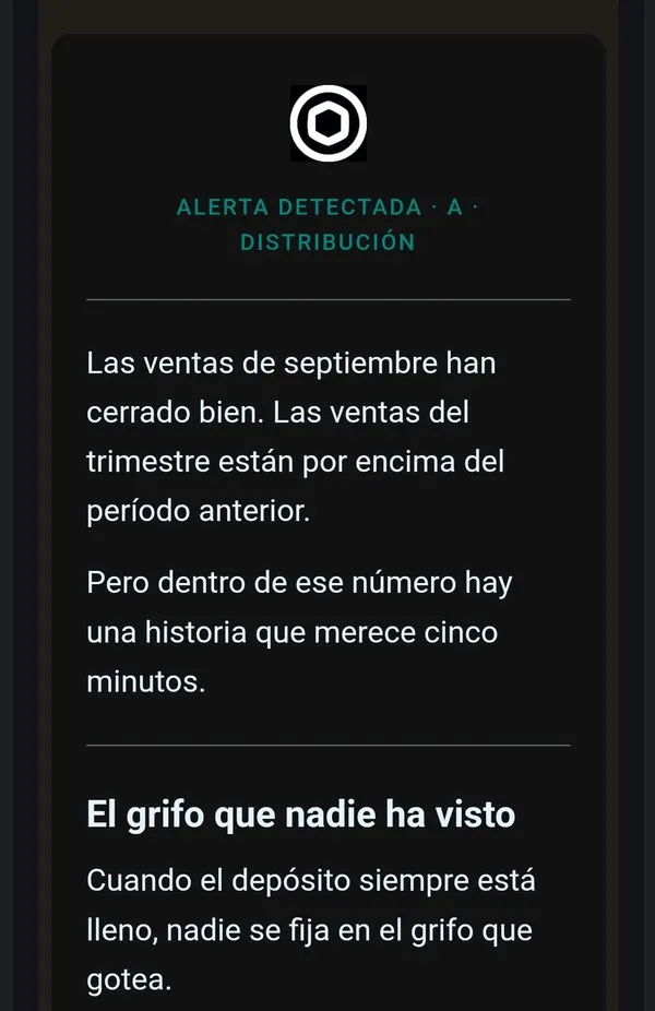 Alerta NOESIS en móvil · detección de anomalía de margen